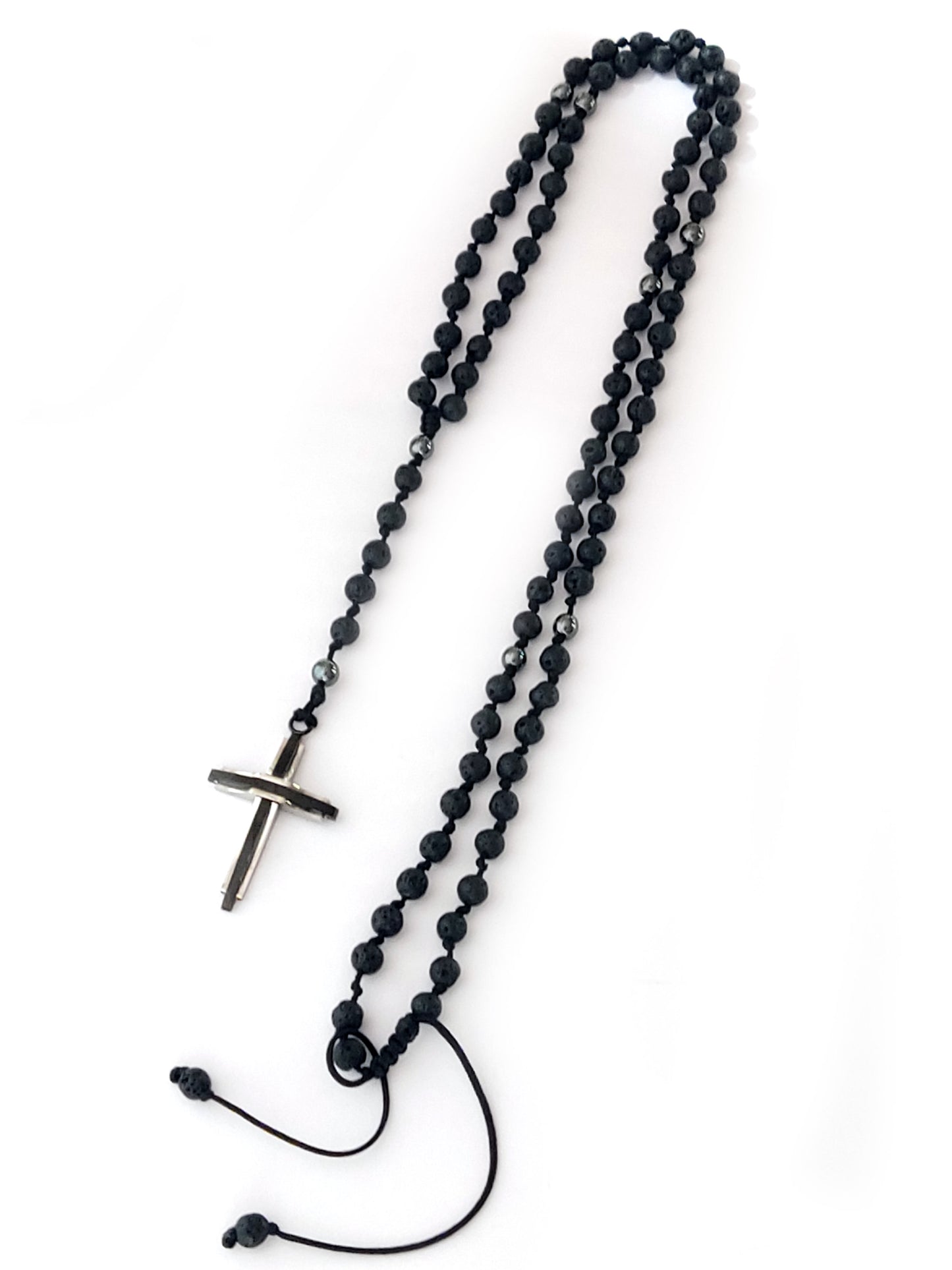 Handmade Rosary Necklace with Natural Black Lava and Hematite Stones | Stainless Steel Cross | Adjustable Length | Made in Greece