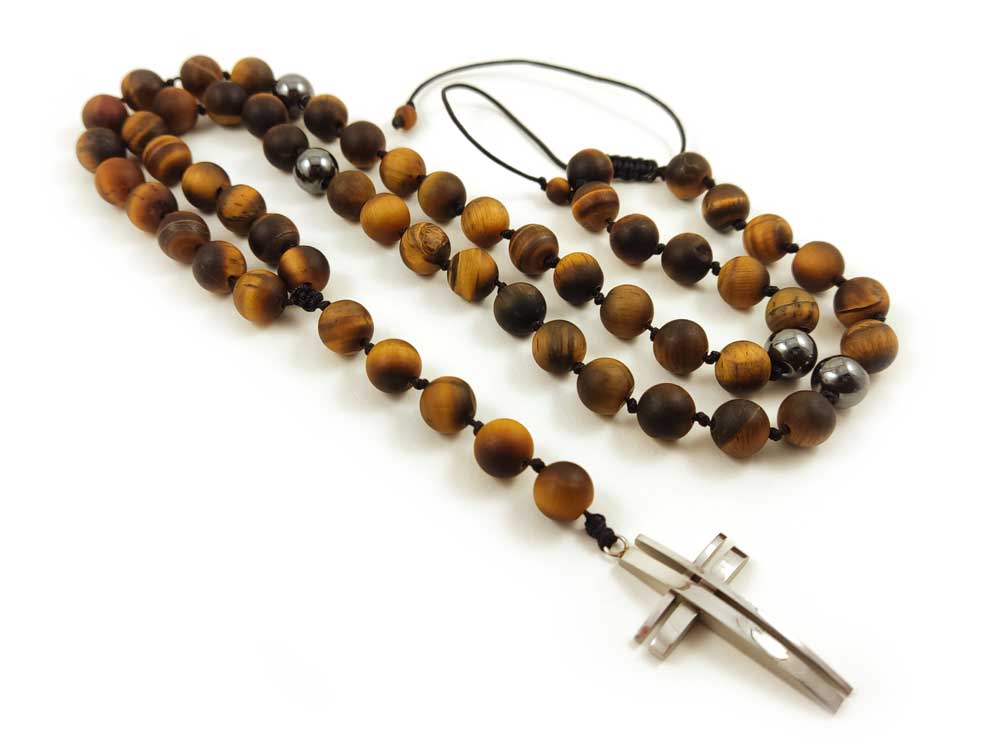 Greek Cross Necklace | Natural Matt Tiger Eye Stones 4mm | Stainless Steek Cross 20x32mm | Adjustable Length | Made In Greece