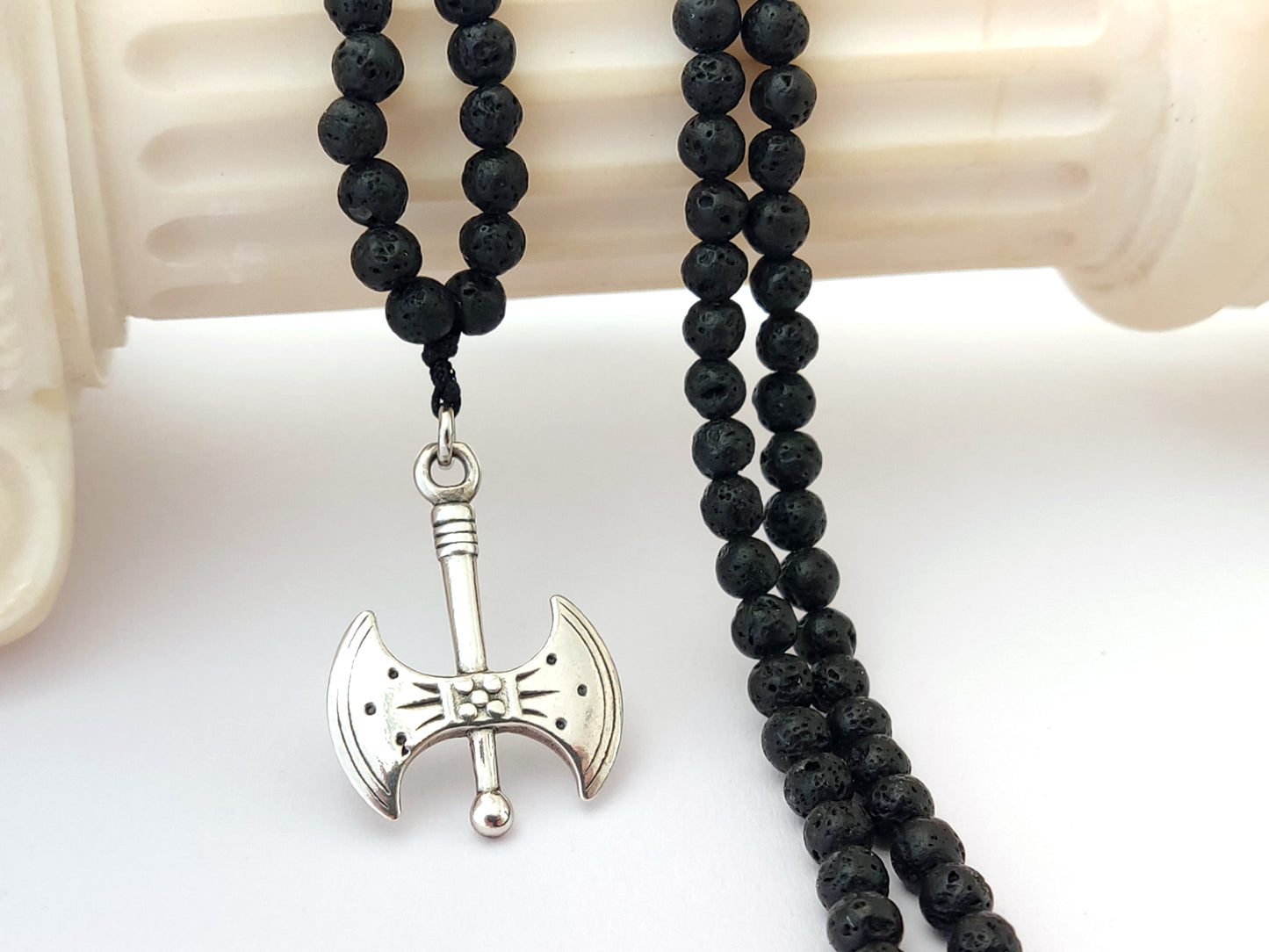 Greek Double Axe Labris Pendant Necklace | Sterling Silver 925 | Natural Lava Stones 4mm | Sirioti Jewelry