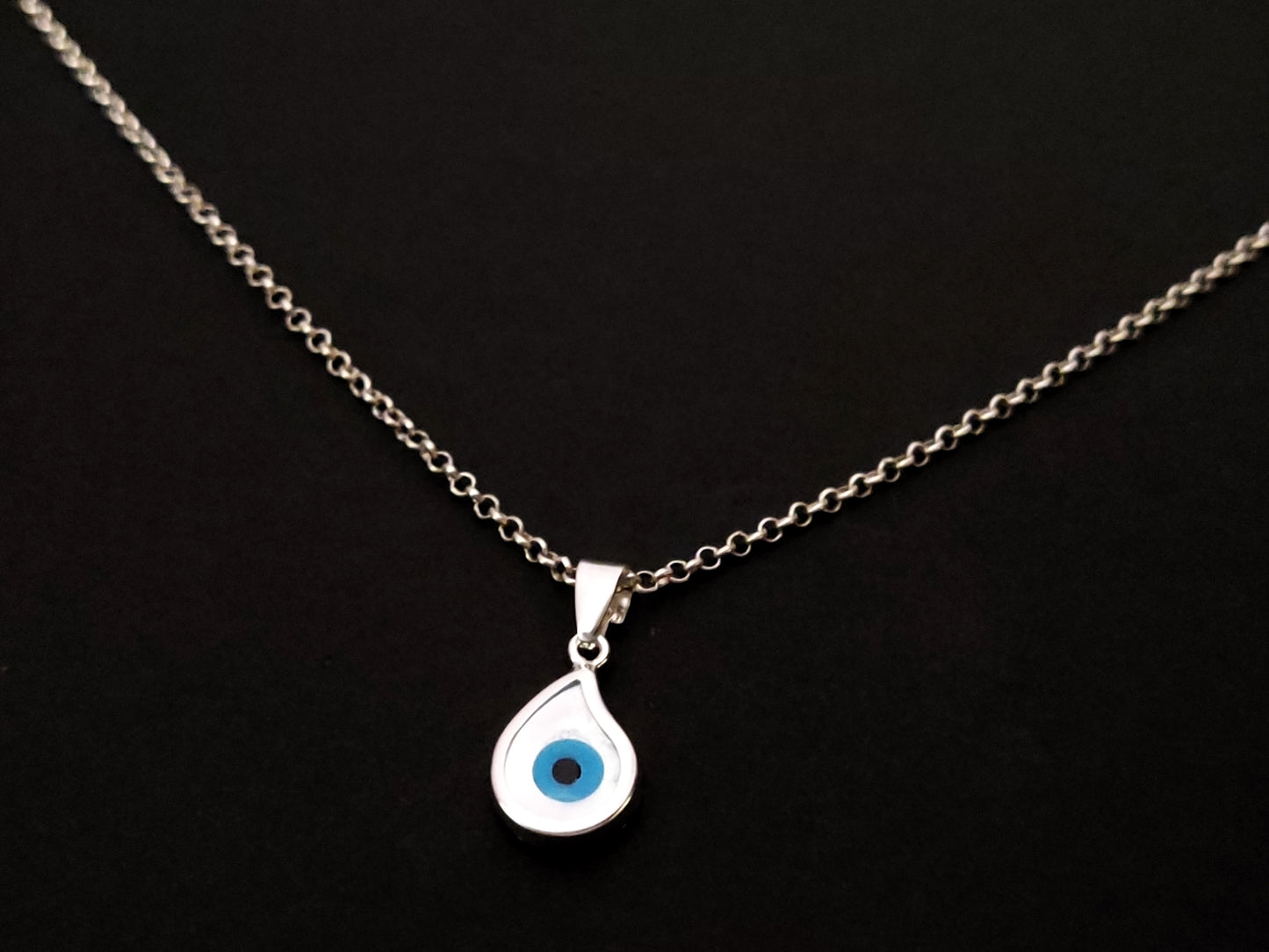 Collier pendentif en forme de goutte d'œil maléfique grec en argent sterling 925, 9x12mm