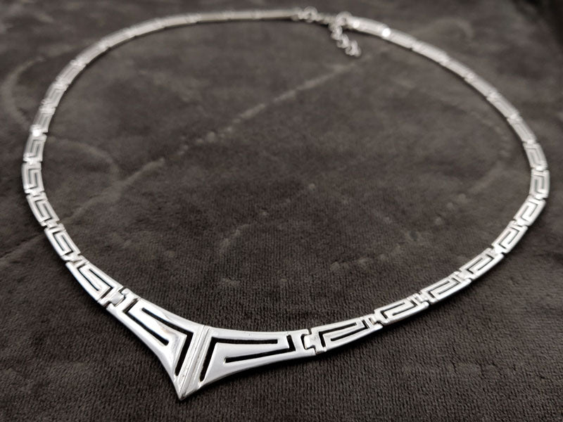Greek Key Silver V Necklace