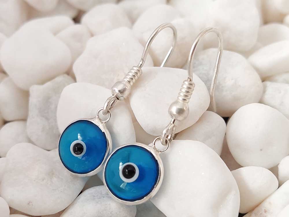Evil Eye Nazar Mati Turquoise Blue Greek Silver Dangle Earrings 10mm