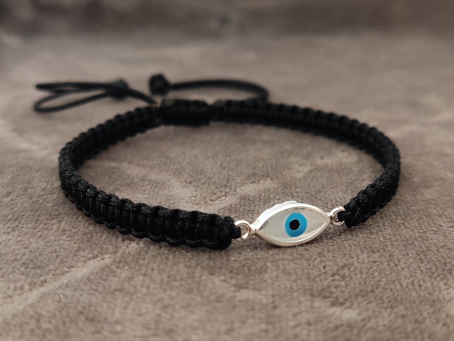 Sterling Silver 925 Greek Evil Eye Mati Good Luck Charm Handmade Adjustable Macrame Bracelet , Griechische Silber Armband, Bijoux Grecque