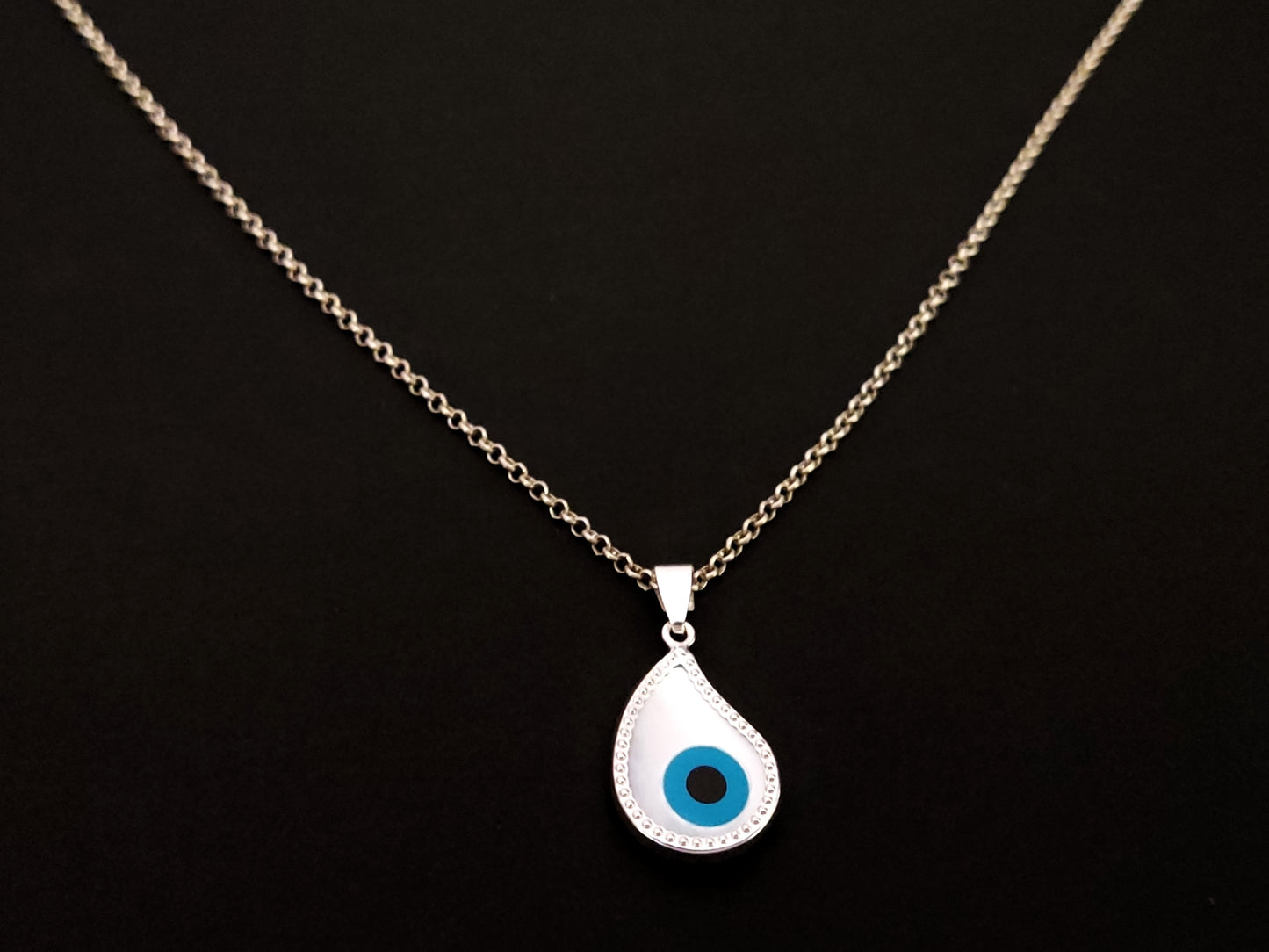 Greek Silver Mother Of Pearl Drop Evil Eye 12x17mm Chain Pendant Necklace