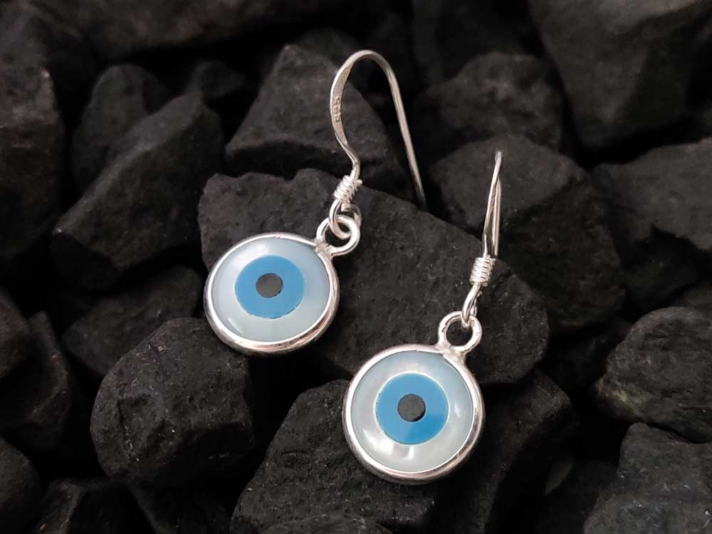 Sterling Silver 925 Evil Eye Dangle Earrings with White Mother of Pearl, 17 mm length, handmade in Greece.