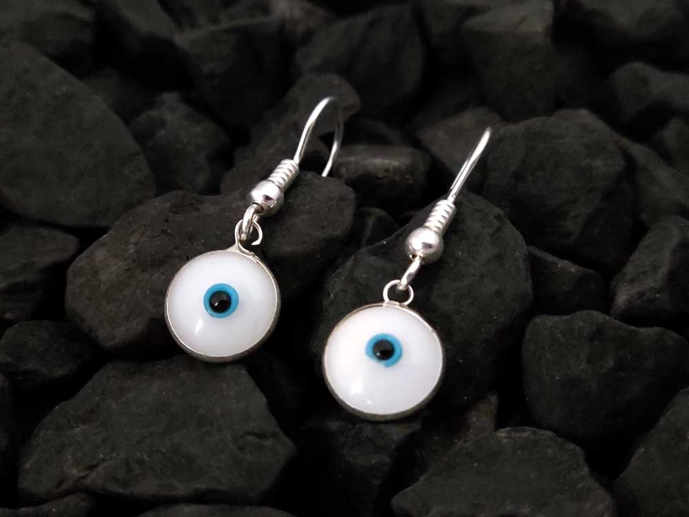 Elegant Evil Eye Nazar Mati White Enamel Greek Silver Dangle Earrings, 10mm. Handmade craftsmanship. Add protection and style!