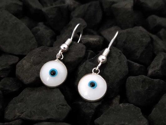Elegant Evil Eye Nazar Mati White Enamel Greek Silver Dangle Earrings, 10mm. Handmade craftsmanship. Add protection and style!