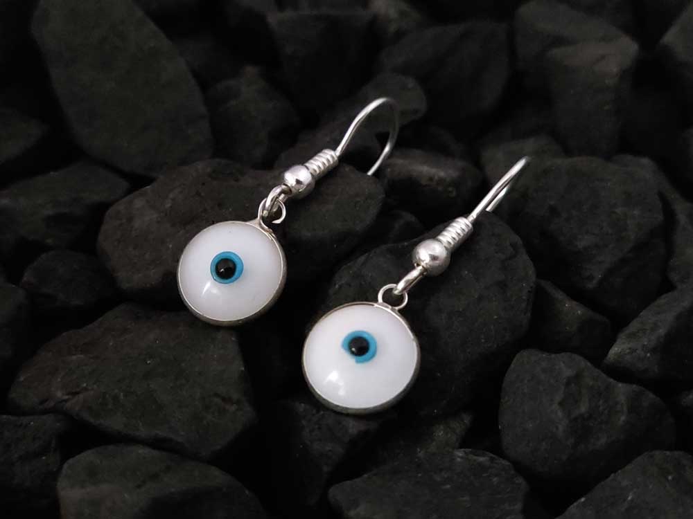 Evil Eye Nazar Mati White Enamel Greek Silver Dangle Earrings 10mm