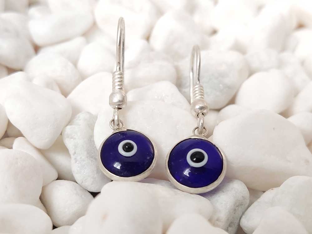 Evil Eye Nazar Mati Dark Blue Greek Silver Dangle Earrings 10mm
