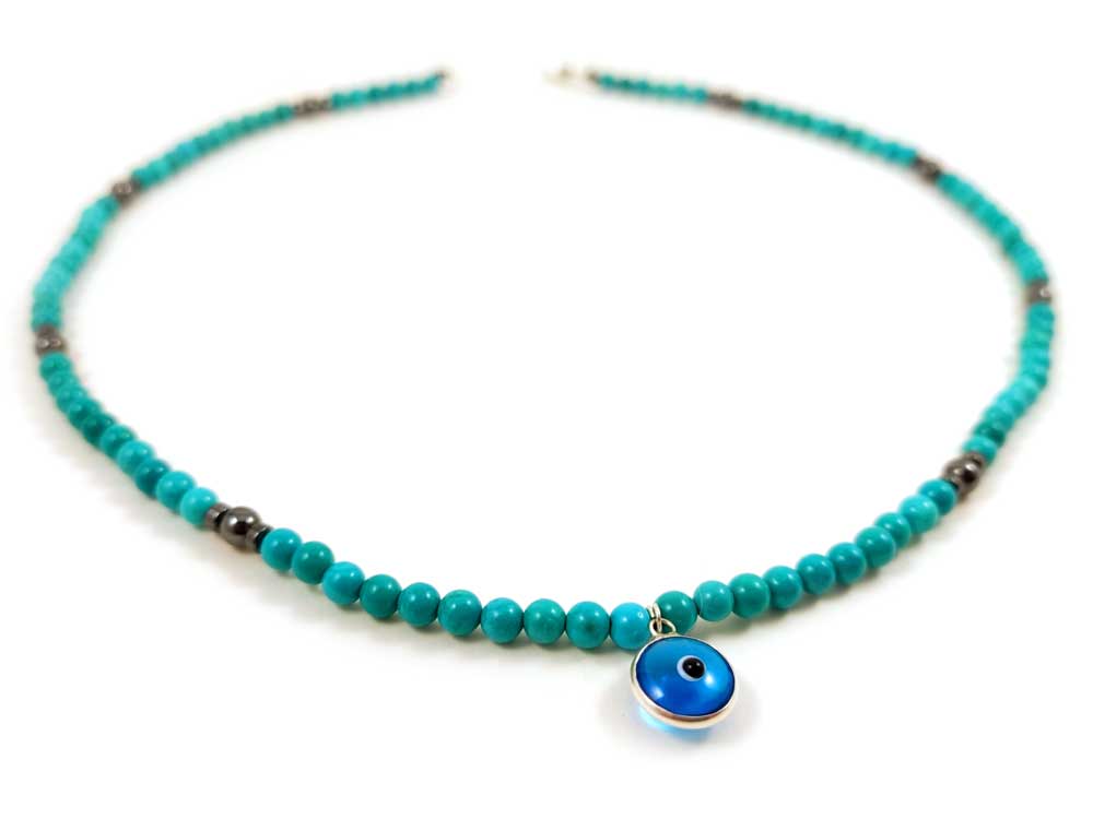 Handmade Evil Eye Mati Nazar Protection Turquoise Greek Silver Necklace