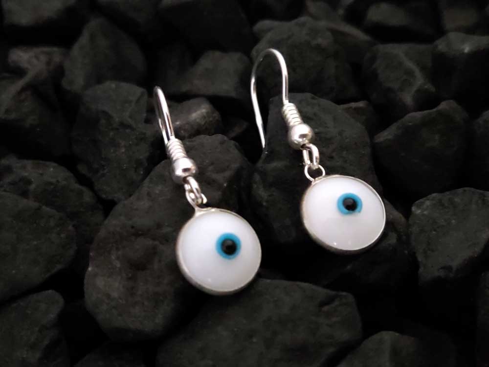 Evil Eye Nazar Mati White Enamel Greek Silver Dangle Earrings 10mm