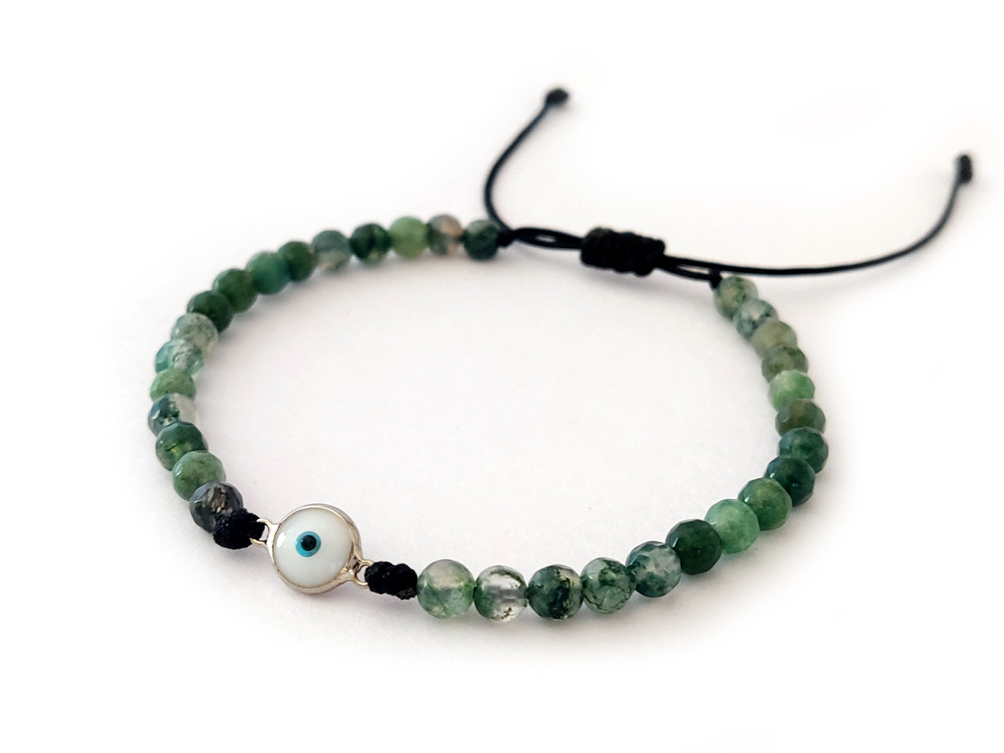 Bracelet en argent avec pierres d'agate verte naturelle mauvais œil
