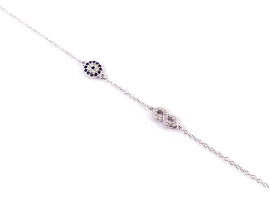 Close-up of Sterling Silver 925 Evil Eye Infinity Bracelet with adjustable chain and symbolic design.