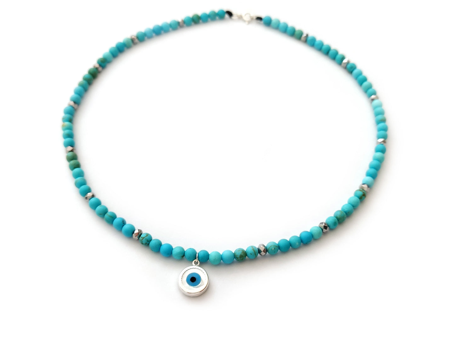 Greek Evil Eye Turquoise Silver Necklace