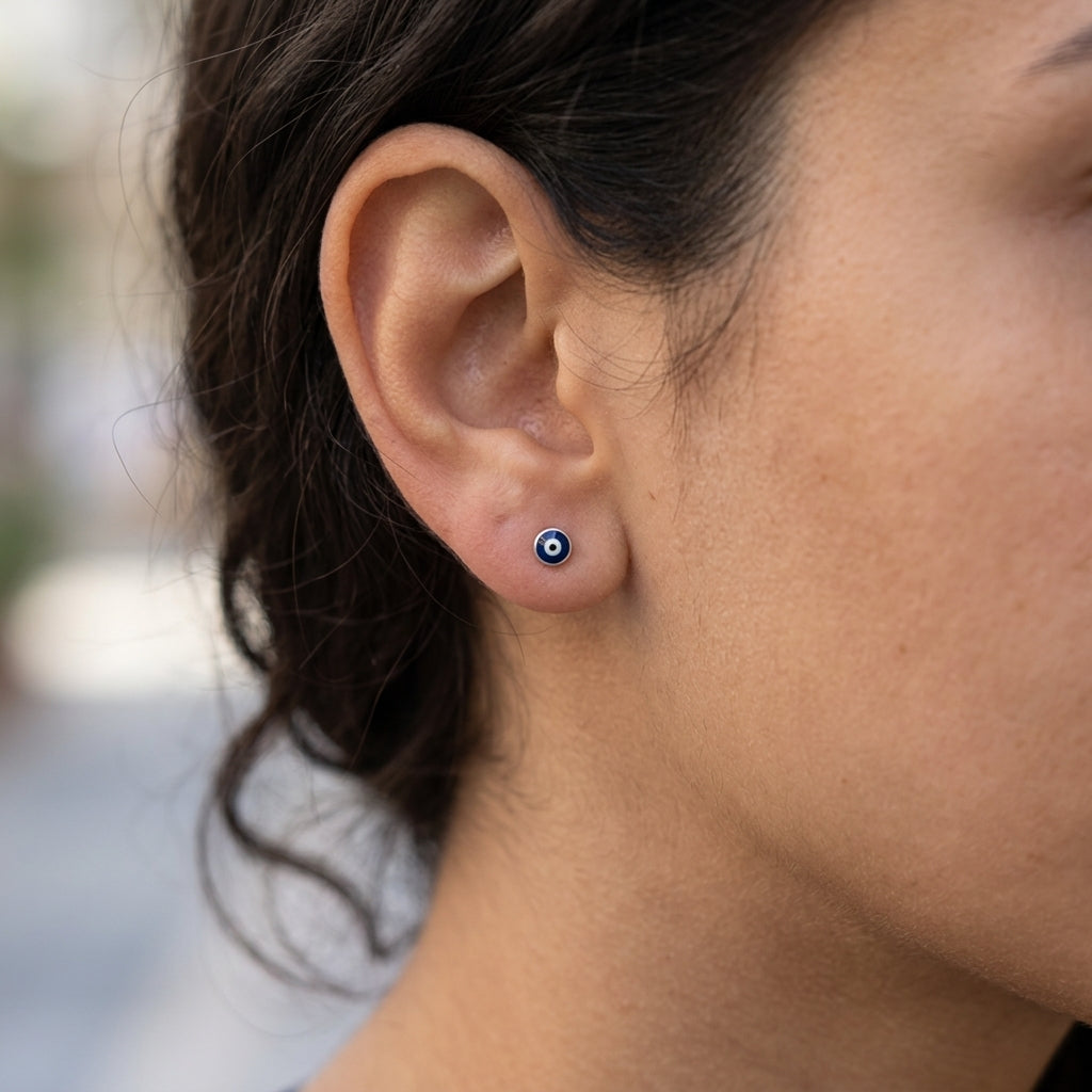 Close-up of sterling silver 925 evil eye stud design