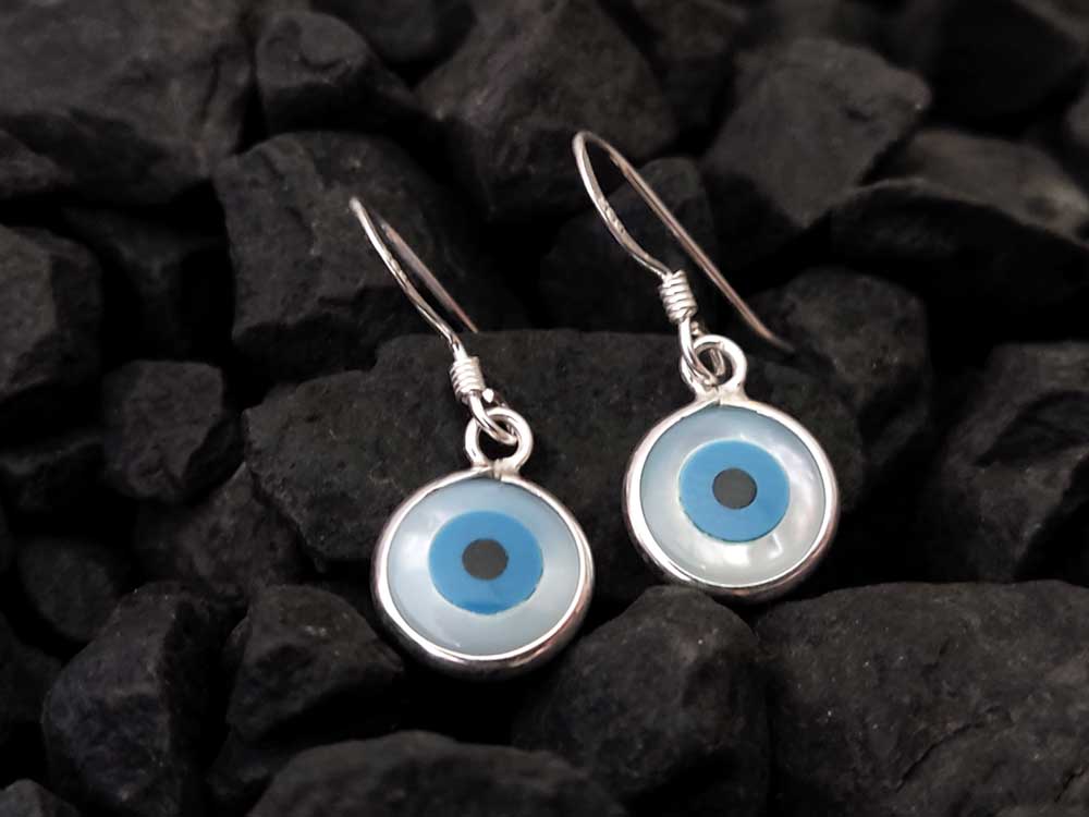 Evil Eye Nazar Mother Of Pearl Silver Earrings 10mm
