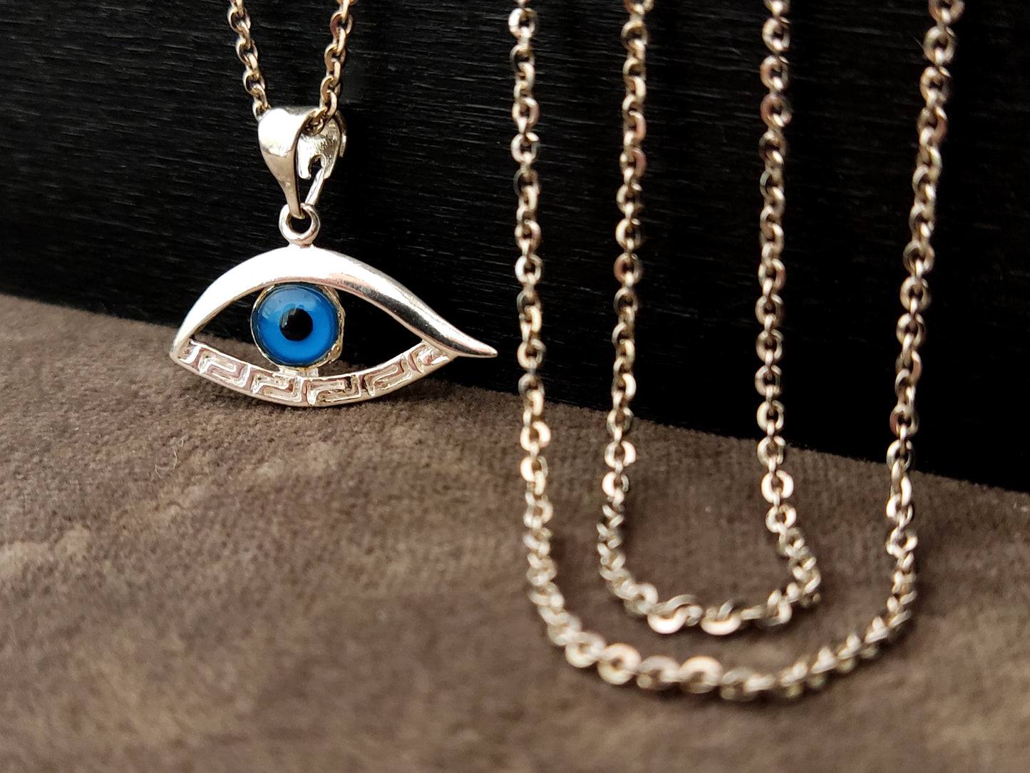 Sterling Silver 925 Evil Eye Greek Key Pendant 25x13mm