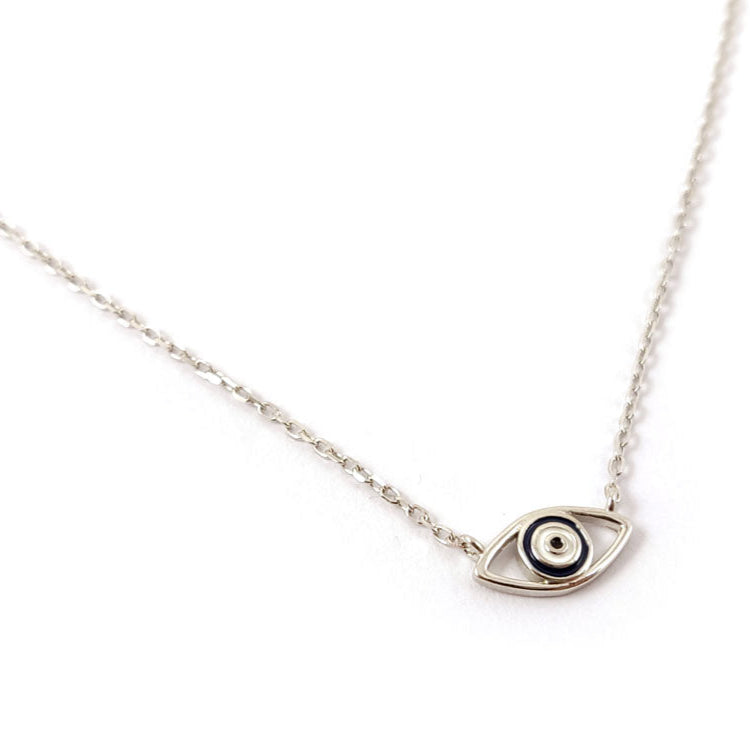 Minimalist Evil Eye chain necklace made of 925 sterling silver, featuring a protective blue and white enamel charm with an adjustable length.