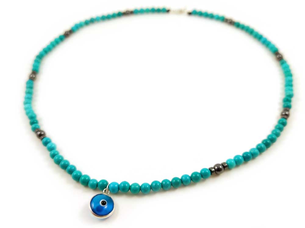 Handmade Evil Eye Mati Nazar Protection Turquoise Greek Silver Necklace