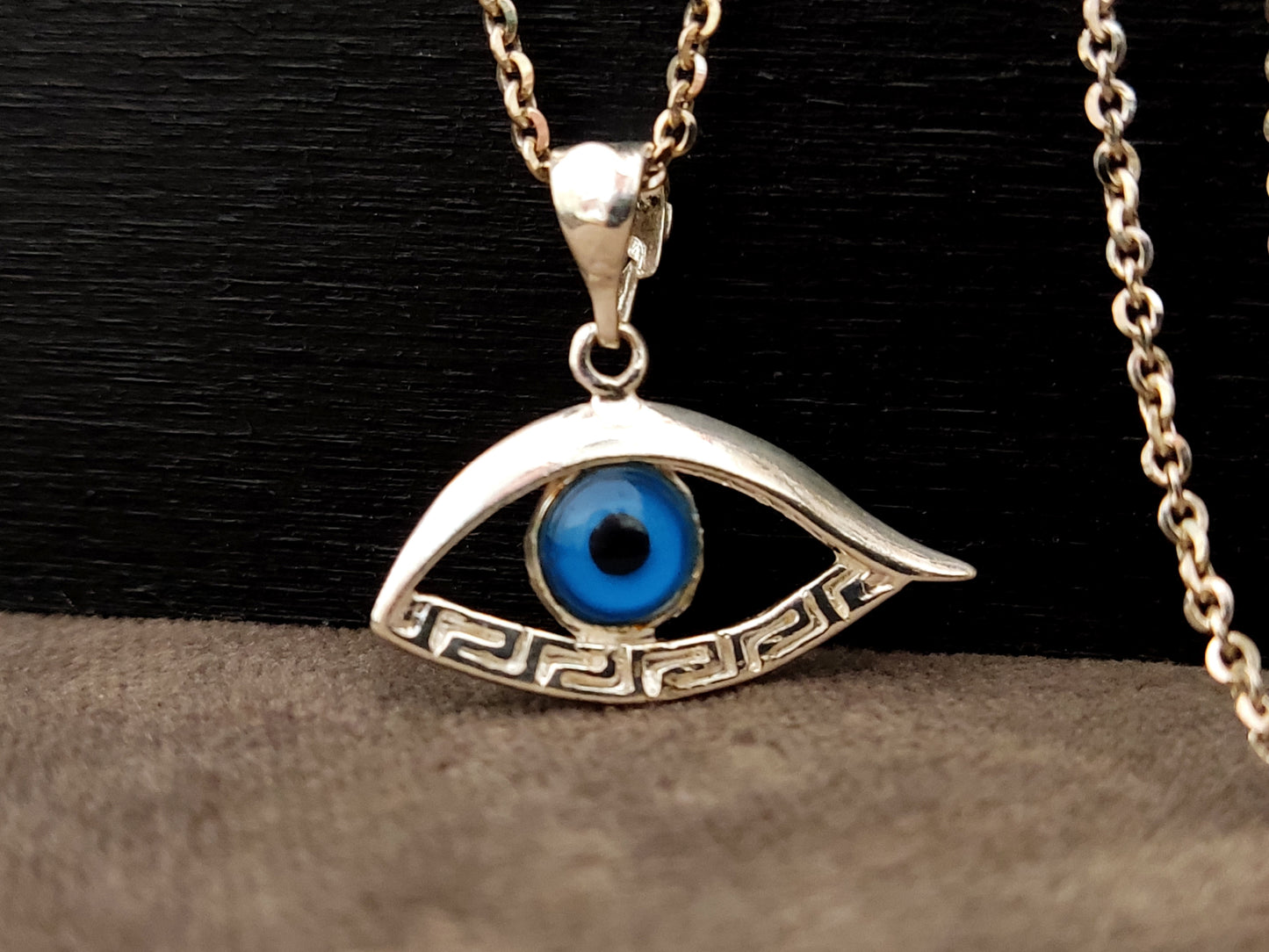 Sterling Silver 925 Evil Eye Greek Key Pendant 25x13mm