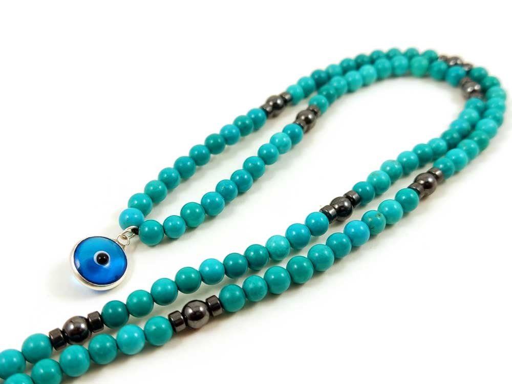 Handmade Evil Eye Mati Nazar Protection Turquoise Greek Silver Necklace