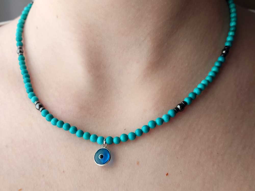 Handmade Evil Eye Mati Nazar Protection Turquoise Greek Silver Necklace