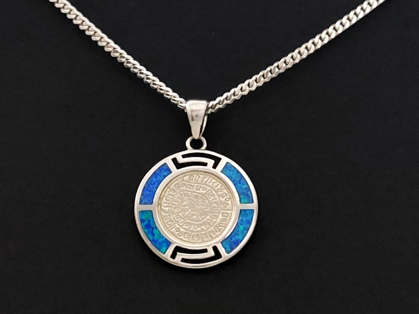 Phaistos-Scheibe, blauer Opal, griechischer Silber-Halskettenanhänger, 19 mm
