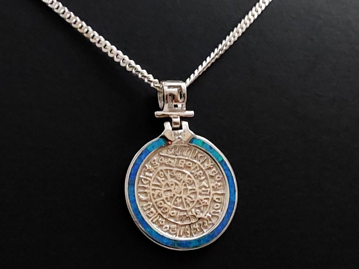 Phaistos Disc Blue Opal Greek Silver Necklace Pendant 22mm