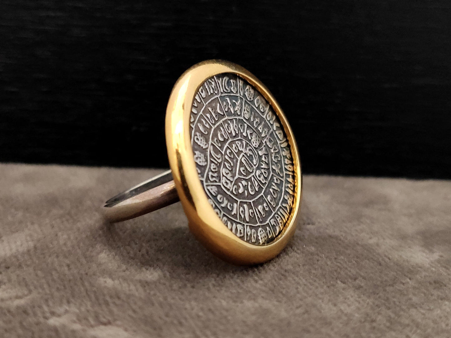 Phaistos Disc Greek Silver Gold Plated Ring 26mm