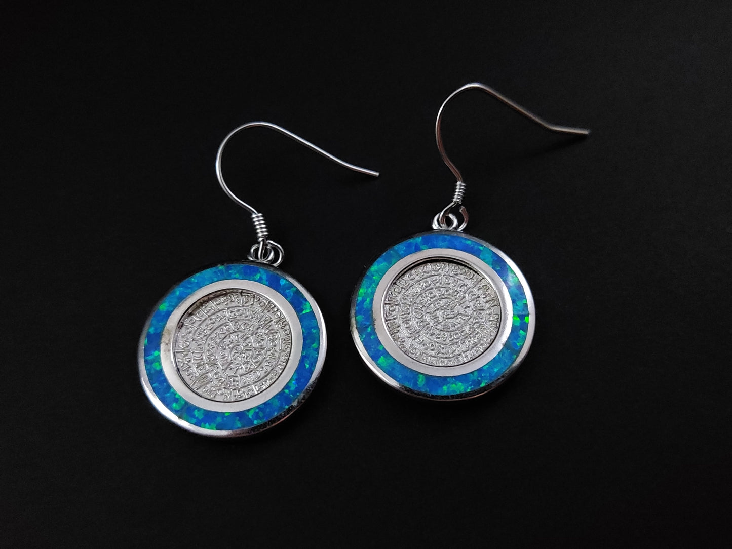 Phaistos Disc Blue Opal Silver Earrings 19mm