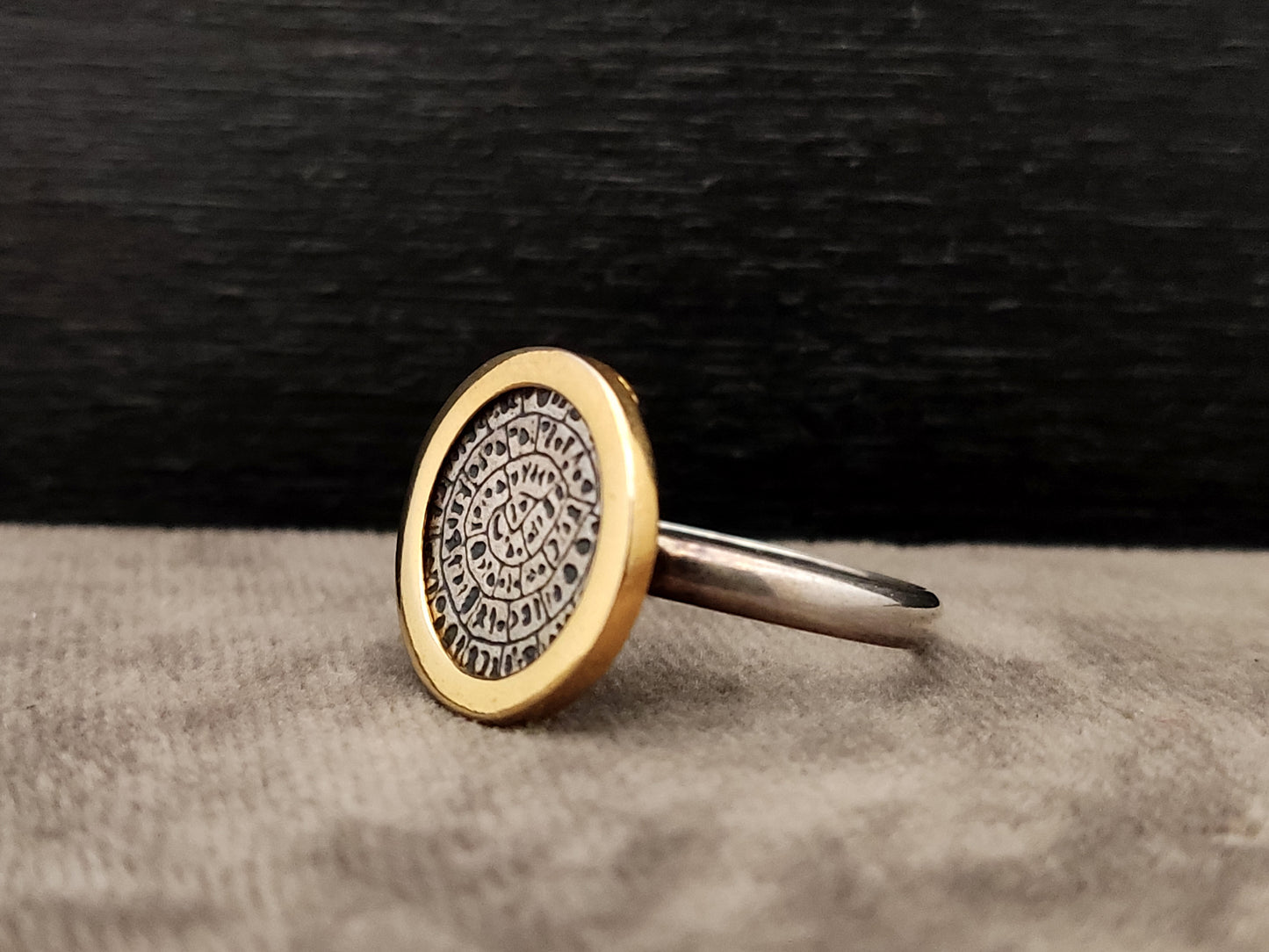 Phaistos Disc Greek Silver Gold Plated Ring 15mm