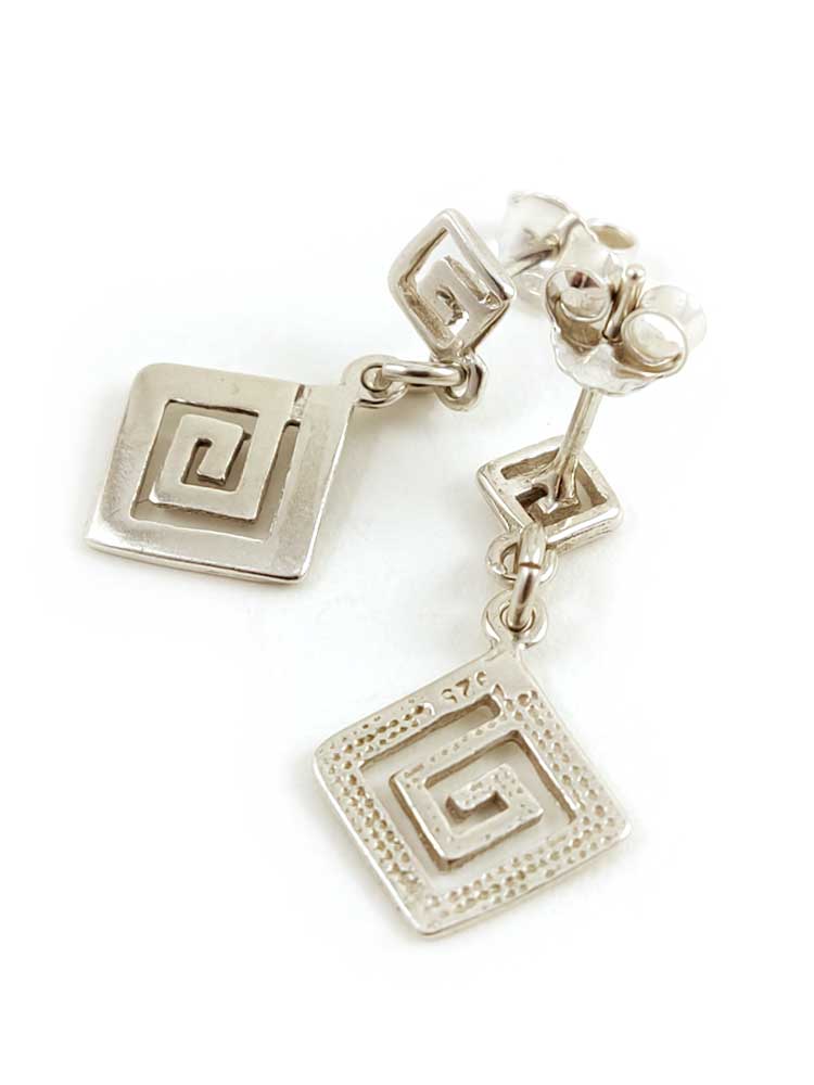 Sterling Silver 925 Double Greek Key Dangle Earrings