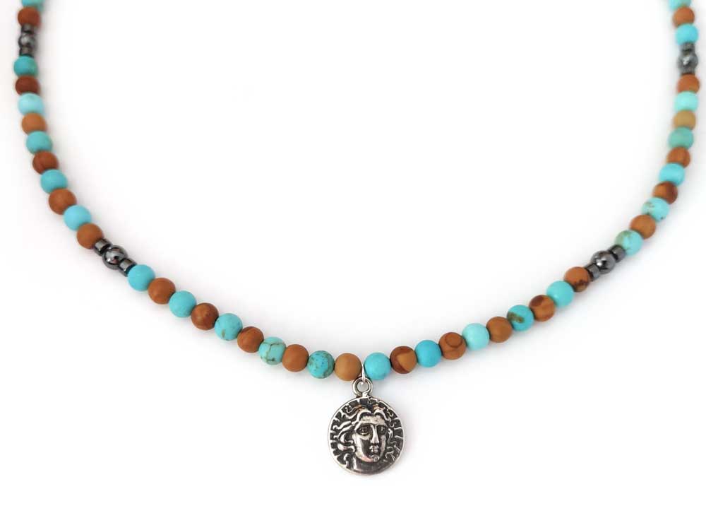 Turquoise - Jasper Stones Necklace & Greek God Apollo Silver Pendant