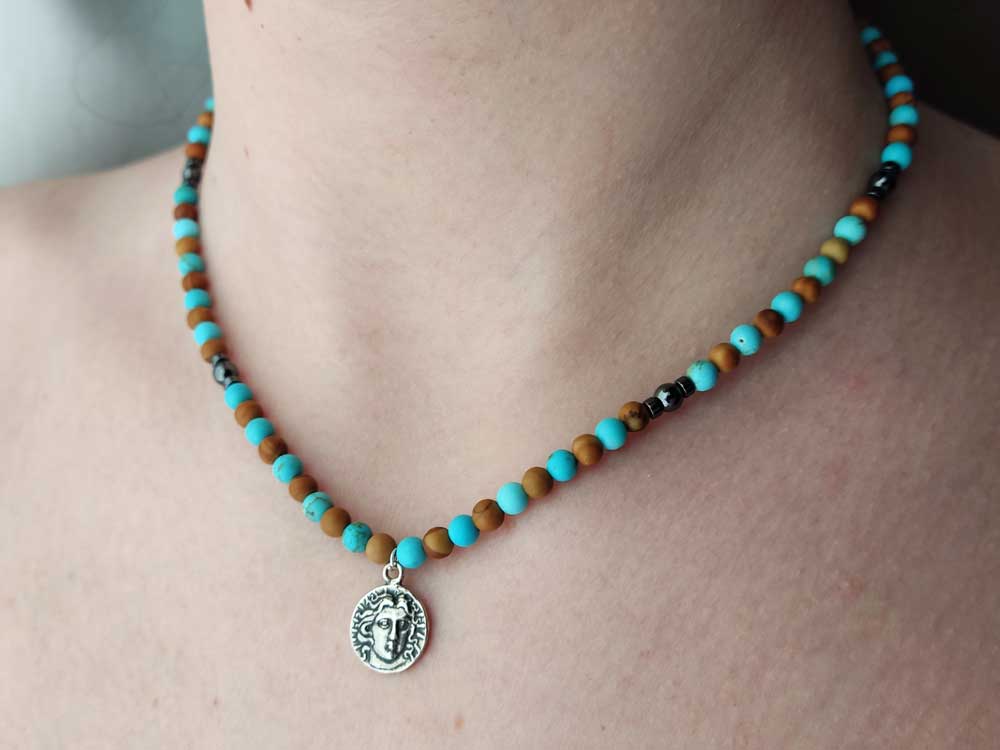 Turquoise - Jasper Stones Necklace & Greek God Apollo Silver Pendant