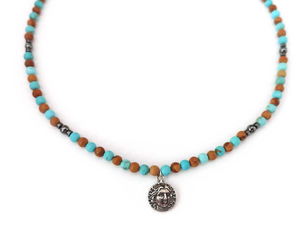 Turquoise - Jasper Stones Necklace & Greek God Apollo Silver Pendant