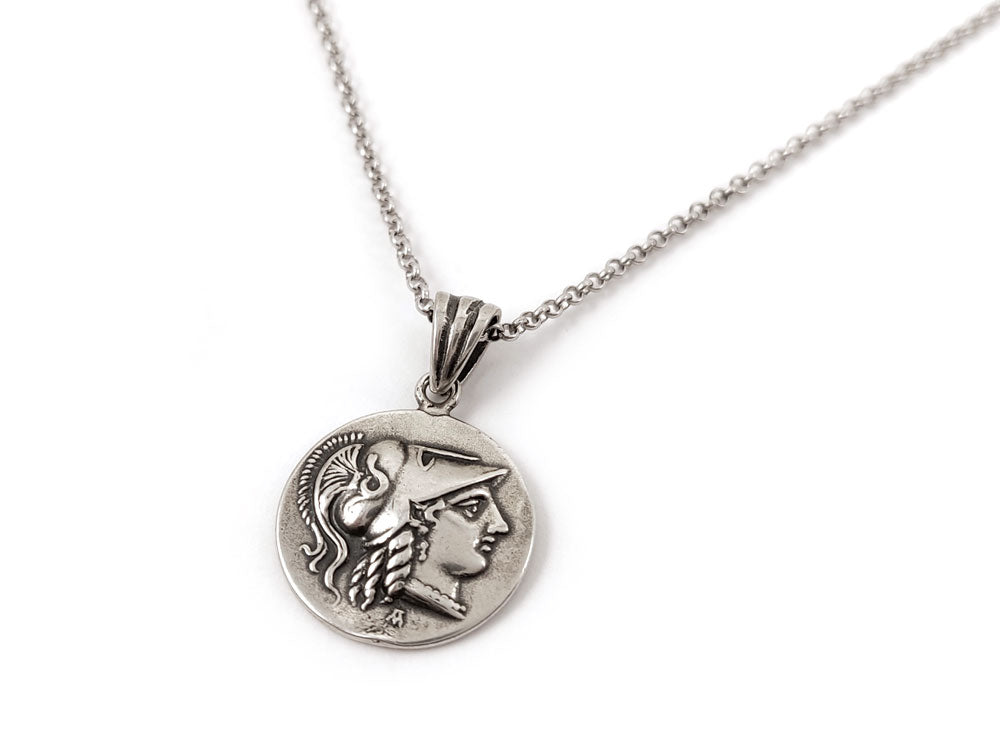 "Handcrafted Sterling Silver 925 Greek Goddess Athena pendant, 0.78-inch size, 2mm chain width, made in Greece."