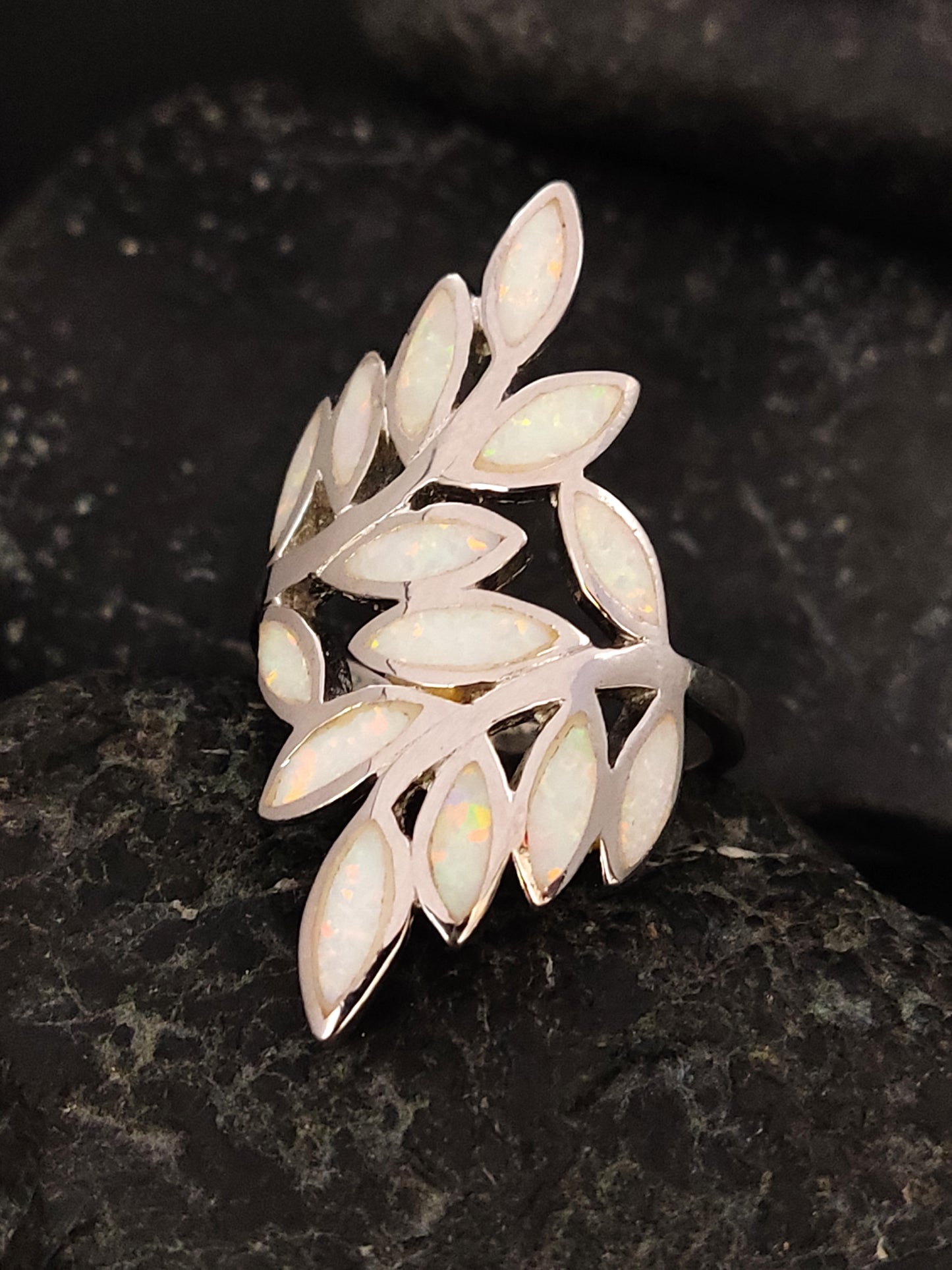 Greek Olive Leaf Leaves White Opal Silver Ring