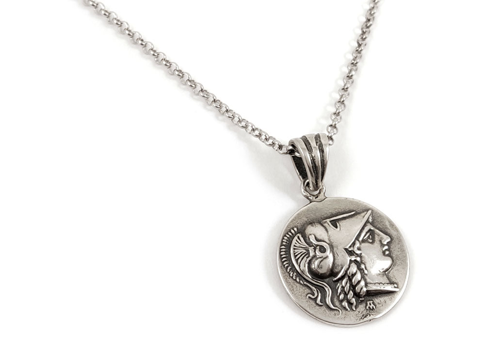 "Sterling Silver 925 Pendant featuring Greek Goddess Athena design, 20mm size, made in Greece, hallmark 925."