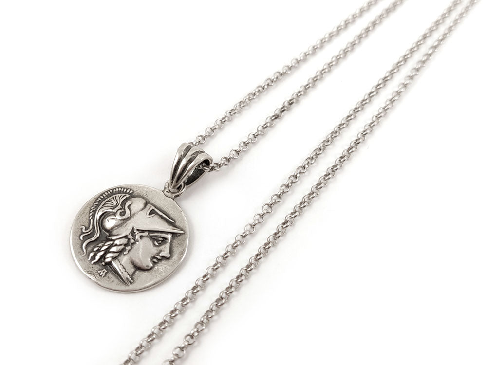 "Close-up of Sterling Silver 925 Greek Goddess Athena pendant with a 2mm chain, 20mm in diameter, handcrafted in Greece."
