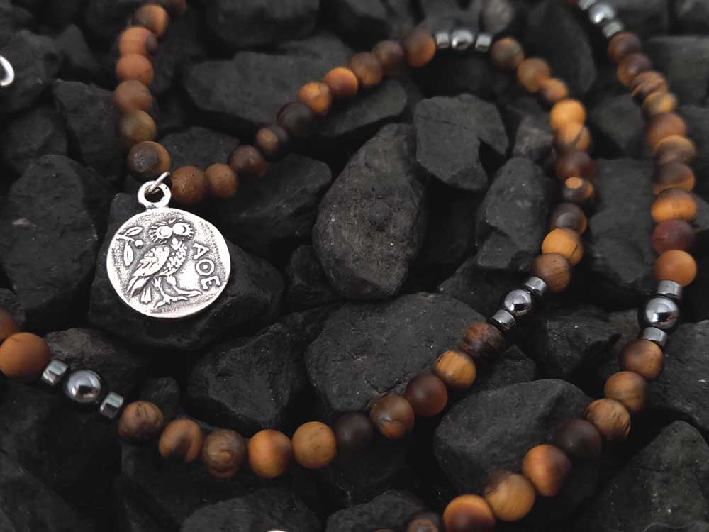 Handmade Greek necklace made with natural Tiger's Eye stones of 4mm and Sterling Silver 925 pendant depicting Goddess Athena and the owl measuring 13mm in diameter.