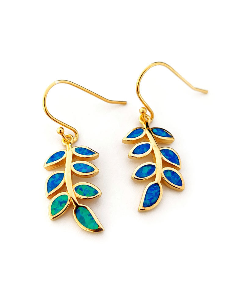 Gold plated silver Greek arrings with blue opal stones