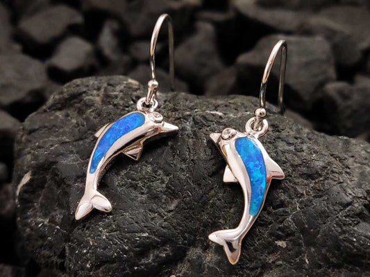 Blue Opal Greek Dolphins Dangle Silver Earrings