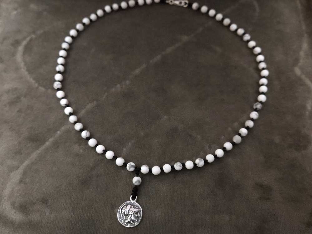 Handmade Sterling Silver 925 Goddess Athena Pendant Necklace And White Natural Howlite Stones