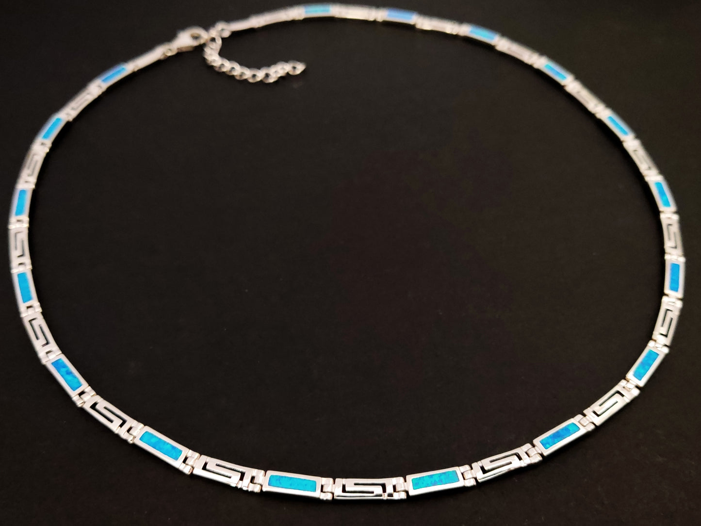 Greek Key Blue Opal Silver Adjustable Necklace