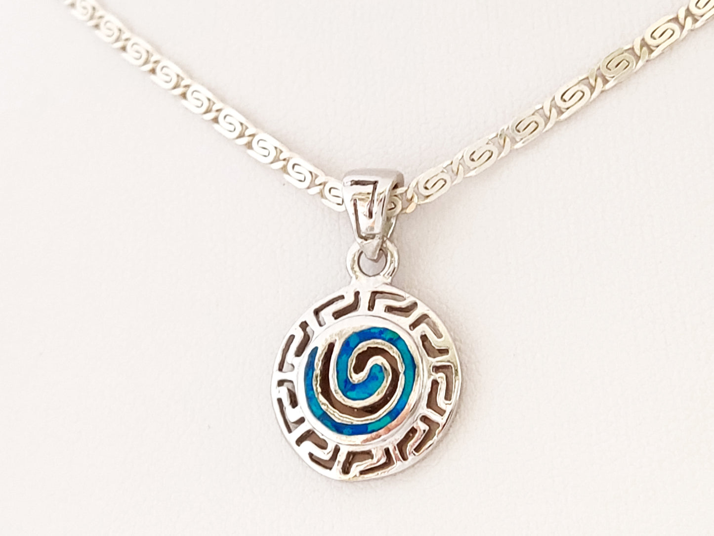 Greek Silver Necklace With Blue Opal Spiral Pendant