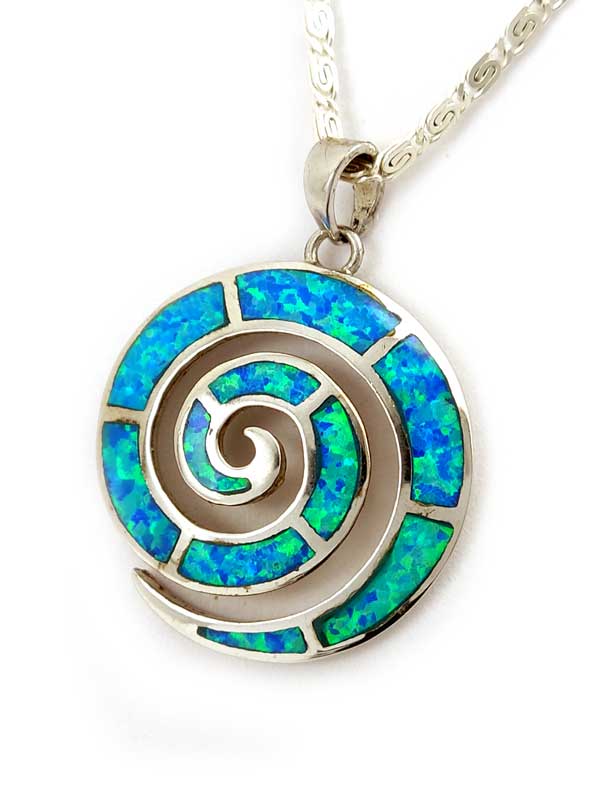 Greek Blue Opal Silver Pendant 26mm Necklace