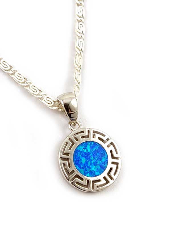 Greek Blue Opal Silver Round Pendant 14mm Necklace