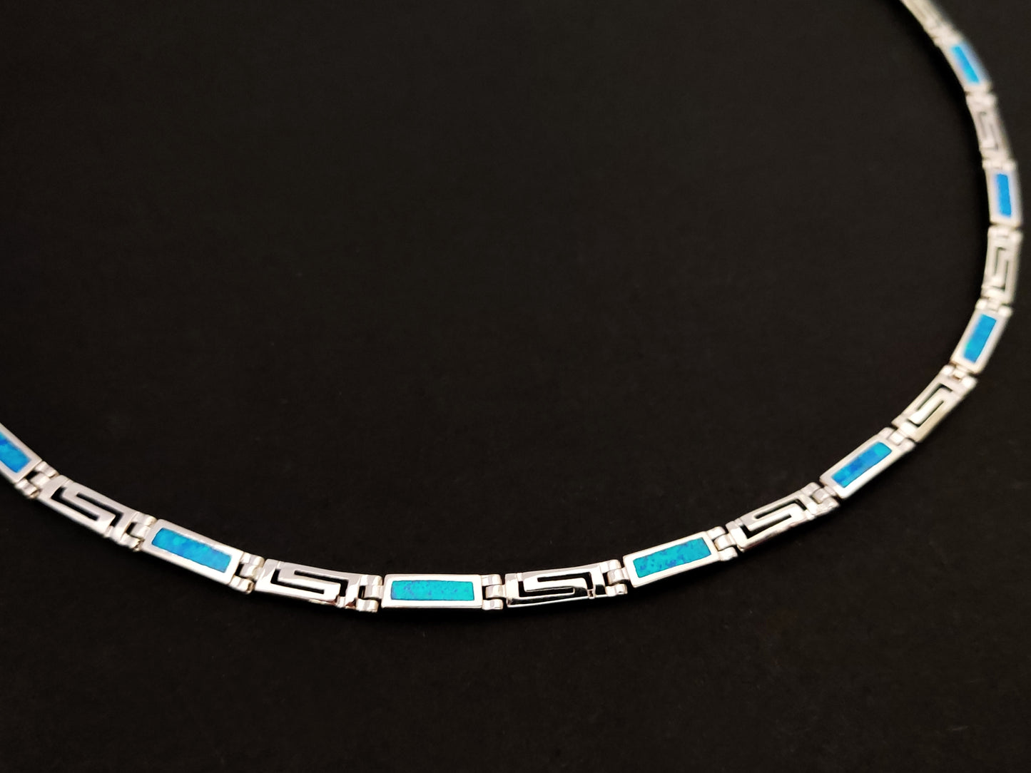 Greek Key Blue Opal Silver Adjustable Necklace