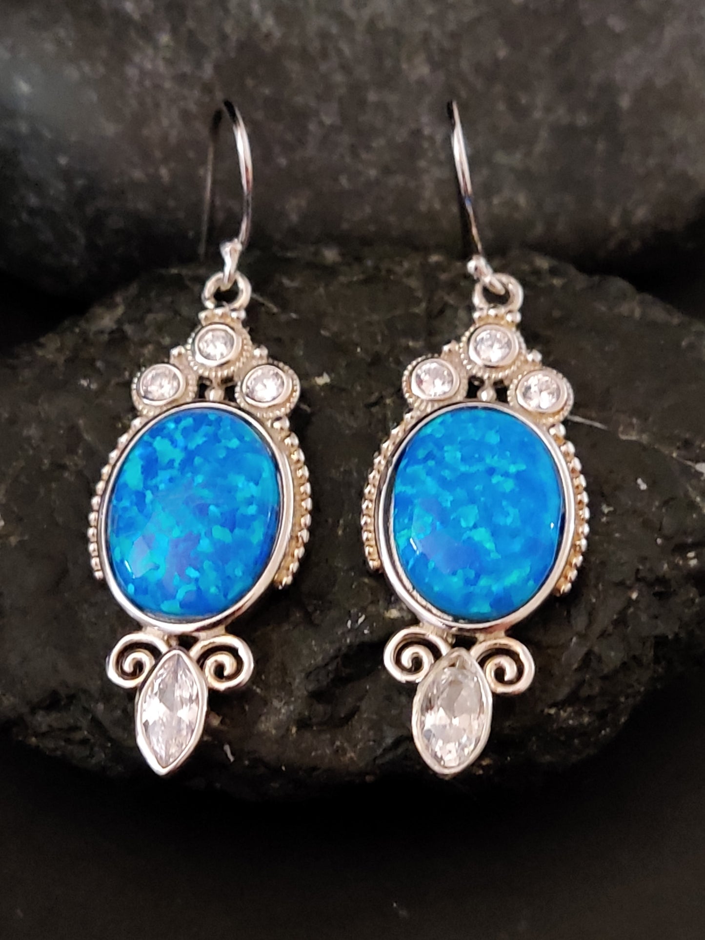Blue Opal Boho Silver Dangle Greek Earrings 32x15mm