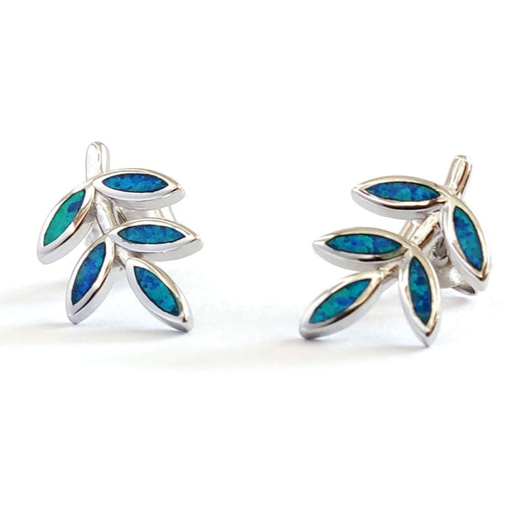 Elegant Greek-made sterling silver opal stud earrings, 16x10mm size